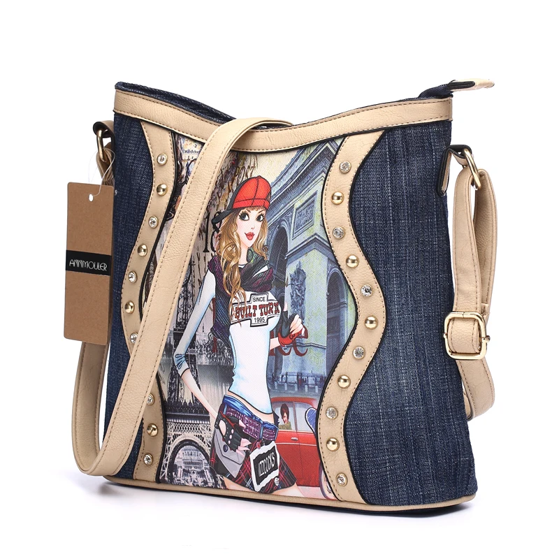 Annmouler نسائية المرقعة السيدات رسول حقائب أزياء الدنيم حقيبة الكتف الكرتون الطباعة crossbody حقيبة سستة Annmouler نسائية المرقعة السيدات رسول حقائب أزياء الدنيم حقيبة الكتف الكرتون الطباعة crossbody حقيبة سستة