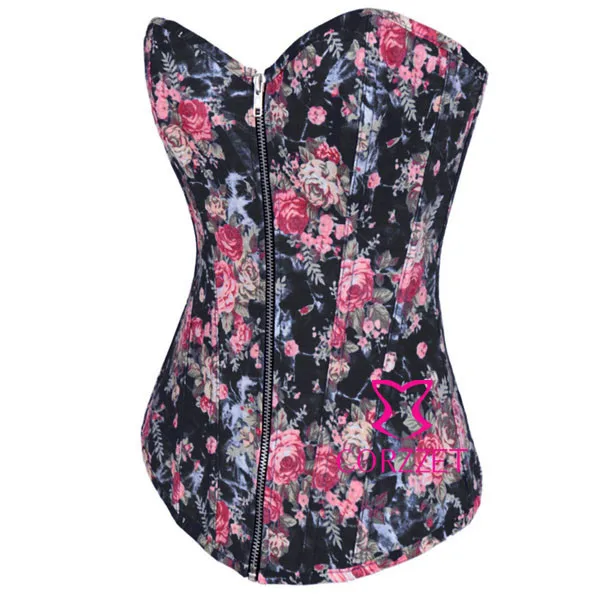 Цветочный принт Бурлеск Корсет джинсовой ткани пикантные пастушка Готический корсет и бюстье Overbust молния корсетные