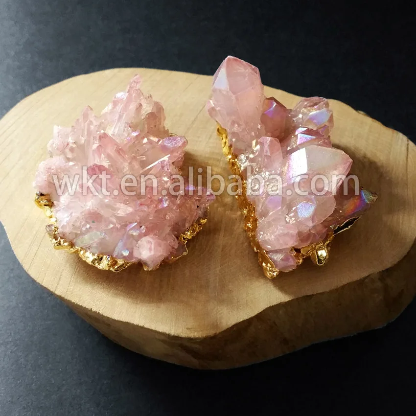 

WT-P607 Spiritual wholesale natural aura crystal quartz cluster raw small size quartz stone pendant overgild pink pendant