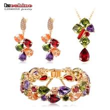 LZESHINE Lujo Colgante/Pendientes/Pulsera de La Joyería de Oro Plateado con Colorido Zirconia Clásico Joyería Nupcial Conjunto Para Las Mujeres