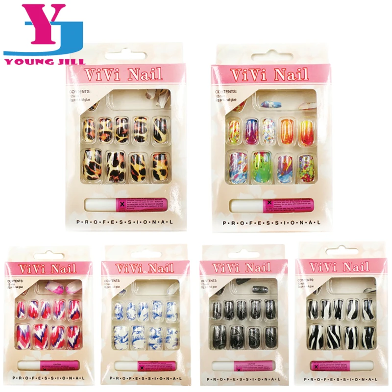 12 Sets/Lot Wholesale Fake Nails With Glue New Cheap Full Cover Artificial Colorful 16 Designs