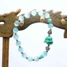 Ethnic style Skyblue Cat eyes Opal beads stones Hand Chain For womenladies Lucky Buddha Pendant Tibet Silver jewelry Design