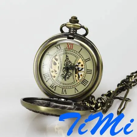 Ретро Бронзовый Вуд Механическая Скелет карманные часы