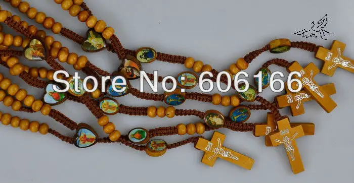 48 шт/лот светло-коричневые деревянные четки бусы ожерелье кулон в форме Креста с Иисусом ожерелье s дерево католический религиозный ювелирные изделия