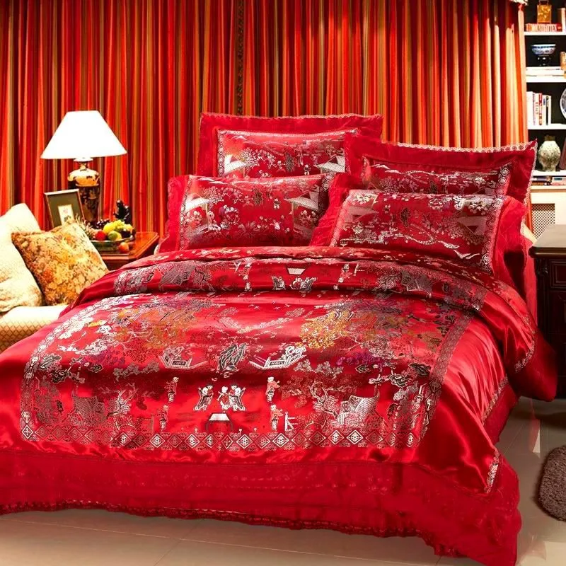 Red Satin Duvet Cover Set Dragon And Phoenix Chinese Wedding