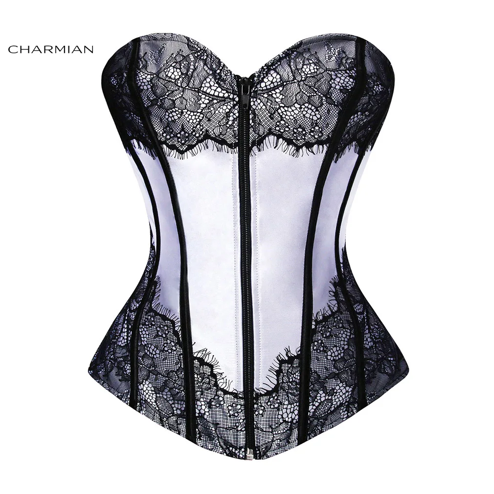 Charmian Women's Sexy Bridal Overbust Corset Satin and Eyelash Lace Off