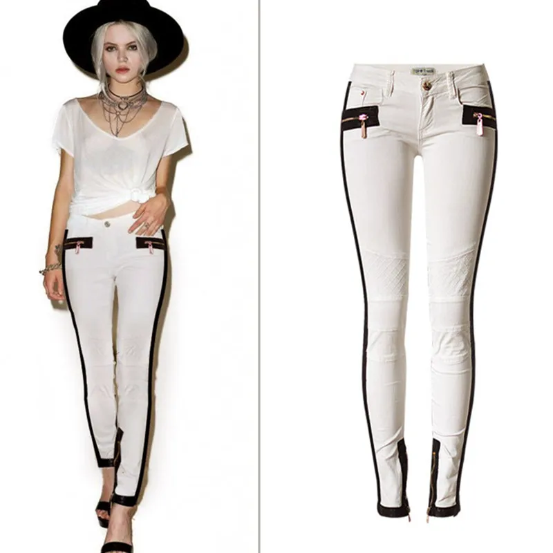 Низкая Талия Тонкий Стрейч Брюки Сращивание Кожа Сетка Вышитые для Женщин |