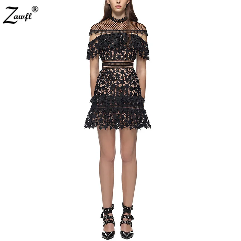 Женское кружевное платье с высокой талией мини со звездным узором и коротким