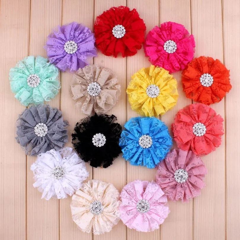 

10pcs/lot 7cm 15colors Hair Clip Shabby Lace Mesh Flower+Rhinestone Button For K Hair Accessories Fabric Flowers For Headband