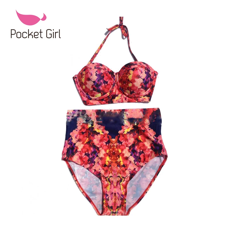 Pocket Girl 2016 Vintage Bandage High Waist Biquini Cut Out Trikini Female Print Bikini Set Sexy