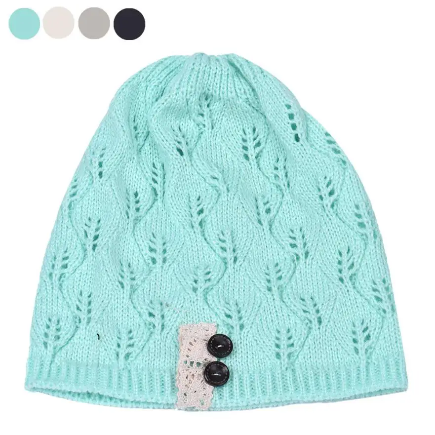 

2017 Sweet Ladies Pure color wool Leaves Hollow Out Knitting warm Hat Lace button Embellishment Hat