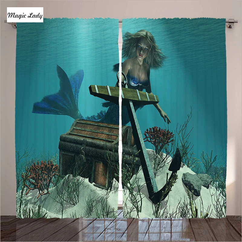 Turquoise Curtains Living Room Bedroom Mermaid Ocean Sea Pirate Treasure Chest Mythical Art Brown 2 Panels Set 145 265 Sm Curtain Living Room Turquoise Curtainsliving Curtains Aliexpress