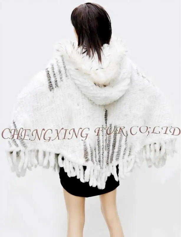 CX-B-110B Large Knit Rabbit Fur Poncho Shawl With Hood ~ DROP SHIPPING 