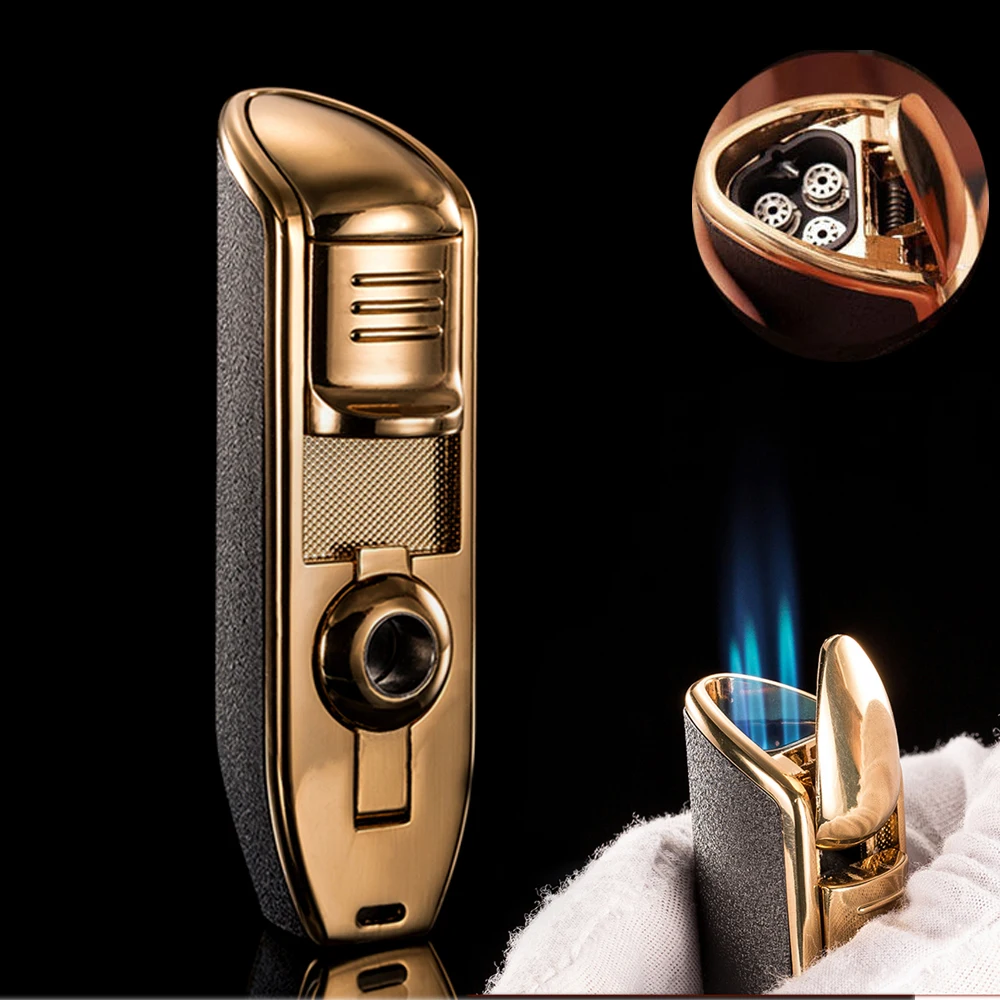 Luxury 3 Hole Fire Windproof Cigar Lighter All Metal Heavy Refillable