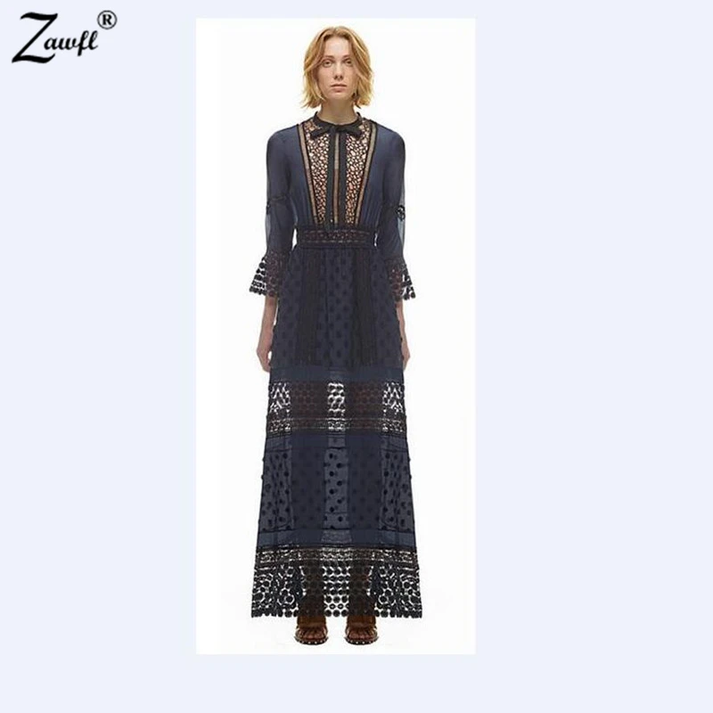 

ZAWFL High-end Custom Self Portrait Blue Lace Long Sleeve Sexy Autumn Women Maxi Dress 2019 Fashion Runway Style Woman Dress