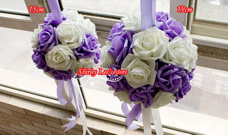 New!!!  (19cm /15cm) Foam Rose Ball W/Ribbon Handle  Kissing Ball In Purple+White    *FREE SHIPPING *