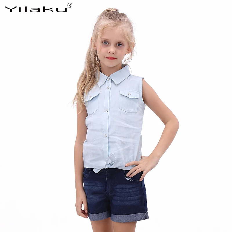 Girls Denim Shorts Set Girls Summer Clothing Sets Children Sleeveless