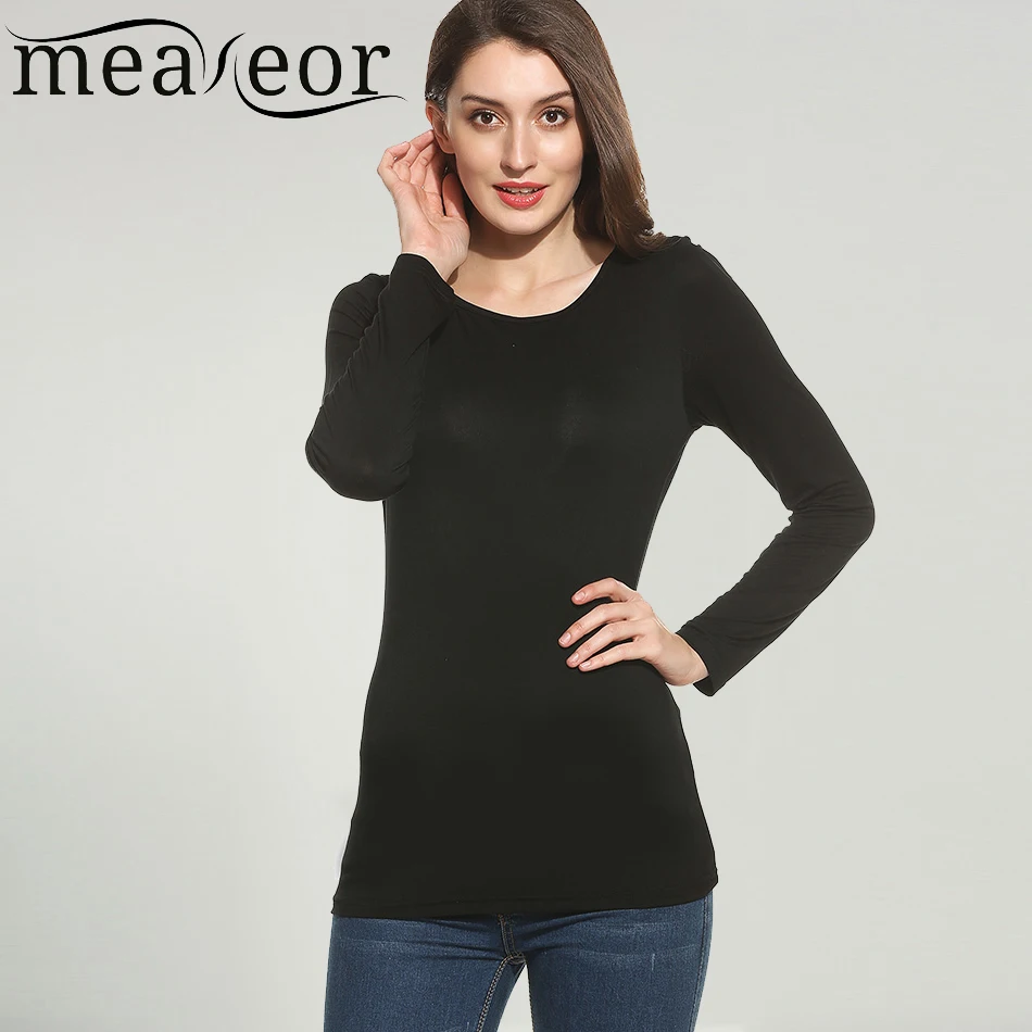 Meaneor женская футболка Новая мода весна осень Футболки с длинным рукавом Однотонные эластичные с круглым вырезом трикотажные брендовые