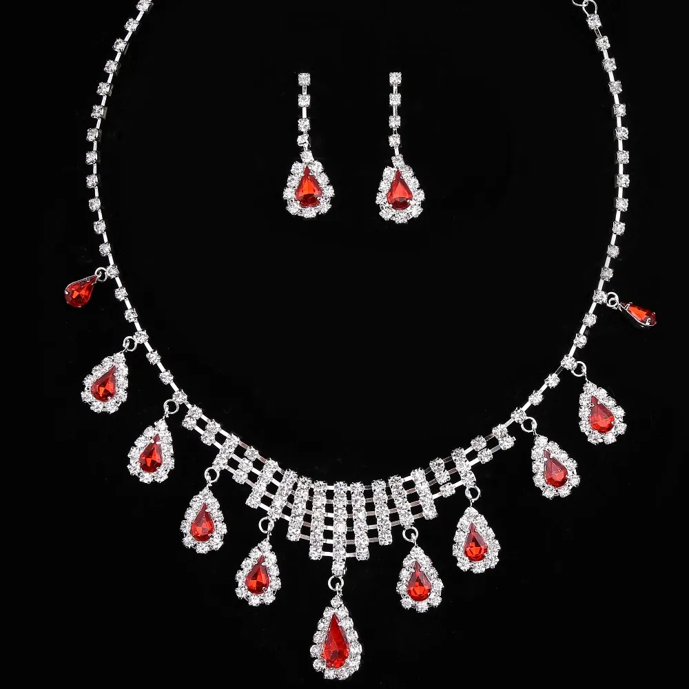 Crystal Pearl Flower Bride 3 Pcs Set Necklace Earrings Wedding Tiara Wedding Jewelry Set Accessories For Women   Red White (4)