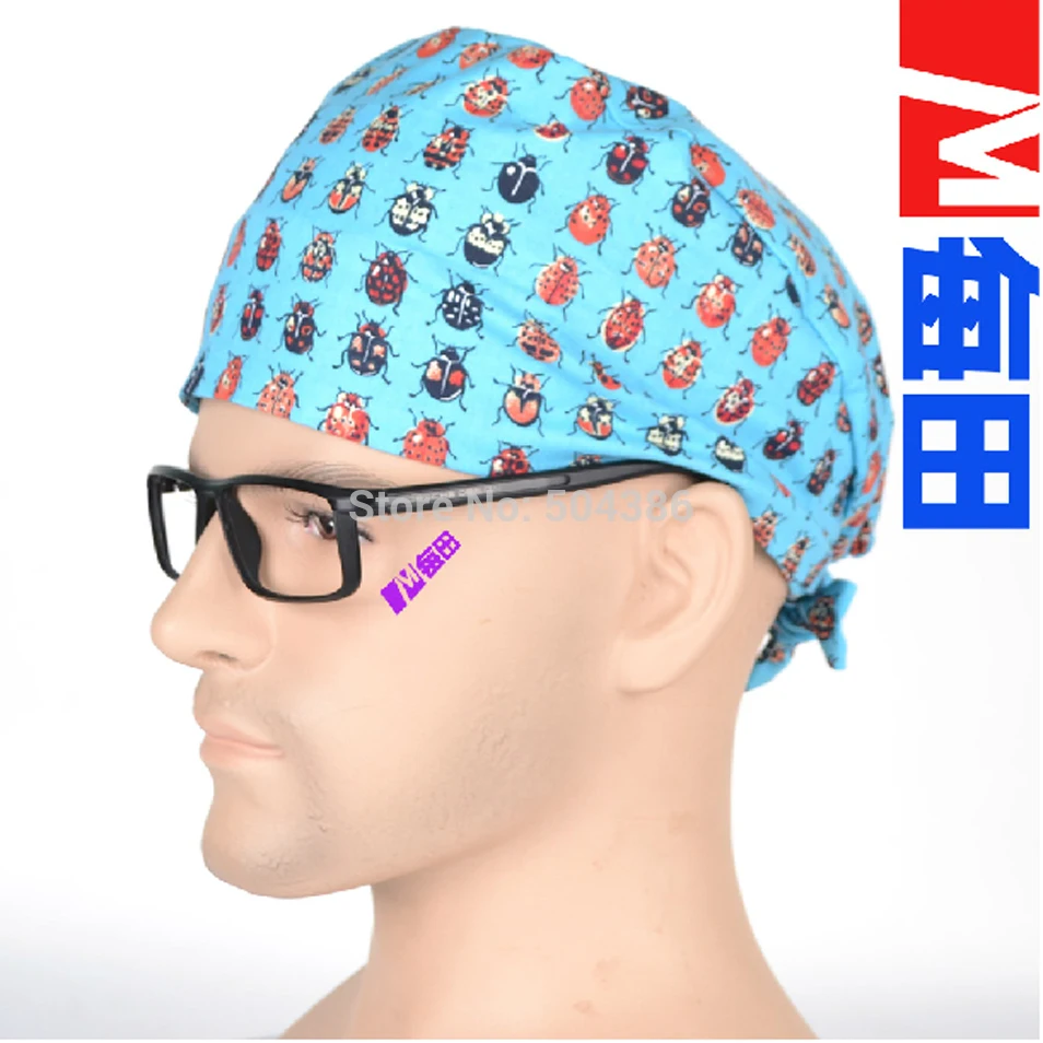 Hennar Medical Scrub Caps In Black With Pattern 100 Men Surgical Scrub Caps With Spiders Pattern