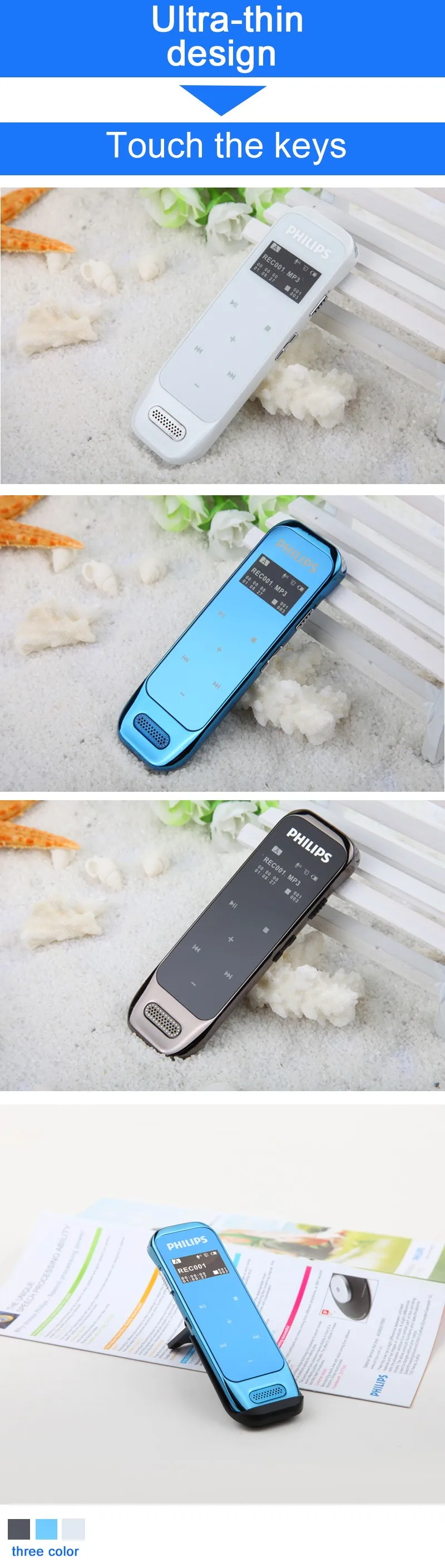 Диктофон PHILIPS 8 Гб сенсорная ручка с кнопками до 2160 часов записи звука oled-дисплей черный синий белый цвет VTR6600