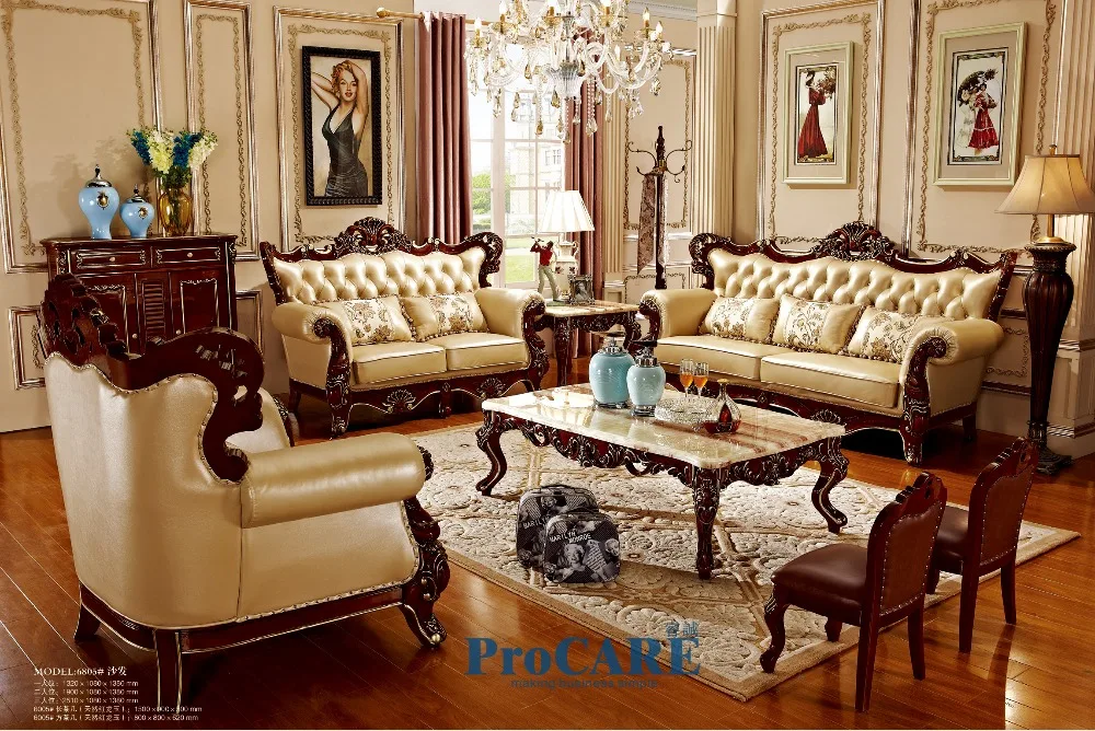 luxury 3 different sets red solid wood genuine leather sofas set living room furniture with coffee table in China-PRF6801/05/08