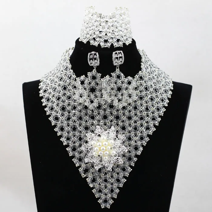 Simple Silver Crystal Party Statement Jewelry Set Chunky Bib Wedding Nigerian Jewelry Set Lady Birthday Gift Free shipping WD038 - Окраска металла: 10