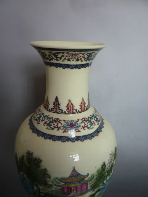 Редкая коллекция Цяньлун (1711-1799) Famille Роуз фарфор Пейзаж павильон ваза, лучшая коллекция и украшения, бесплатная доставка