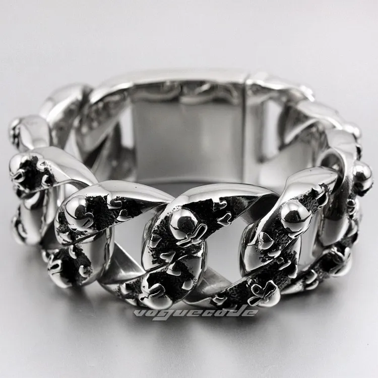 2 длины огромный и тяжелый 316L нержавеющая сталь черепа мужские Байкер Рокер панк браслет 5K005
