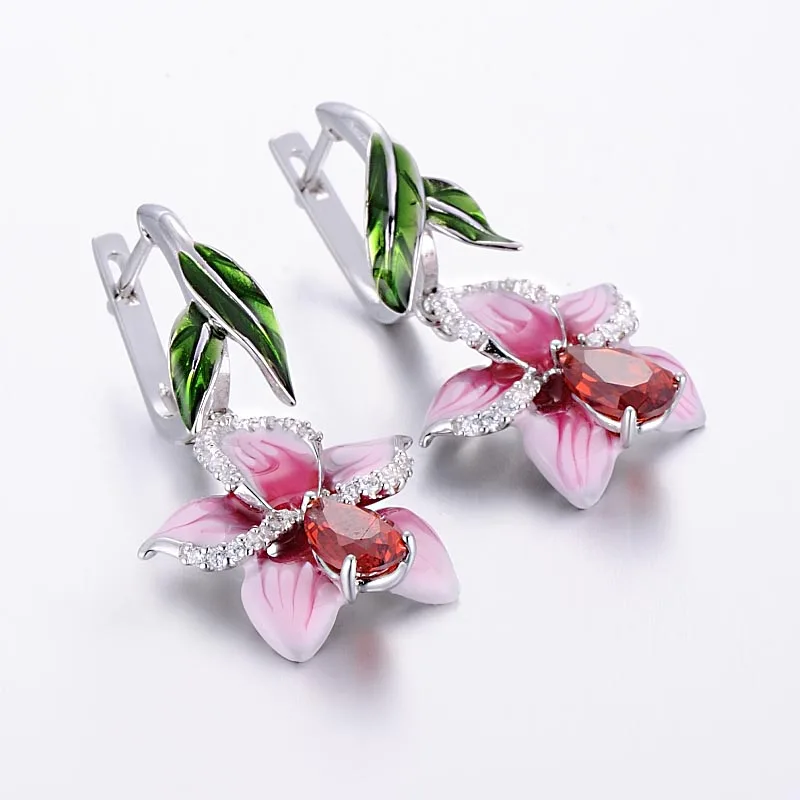 silver pink flower enamel earrings-E303872ENASL925-SV1 - 
