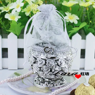 Европейское креативное ведро, пластиковая вращающаяся коробка для конфет с розами, Свадебная подарочная коробка для душа ребенка, свадебный душ, сладкие конфеты, подарочная сумка - Цвет: silver