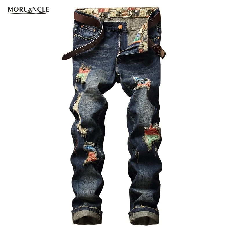 

MORUANCLE Mens Ripped Jeans Pants Slim Fit Straight Distressed Denim Joggers With Holes Designer Colorful Stone Wahsed Trousers