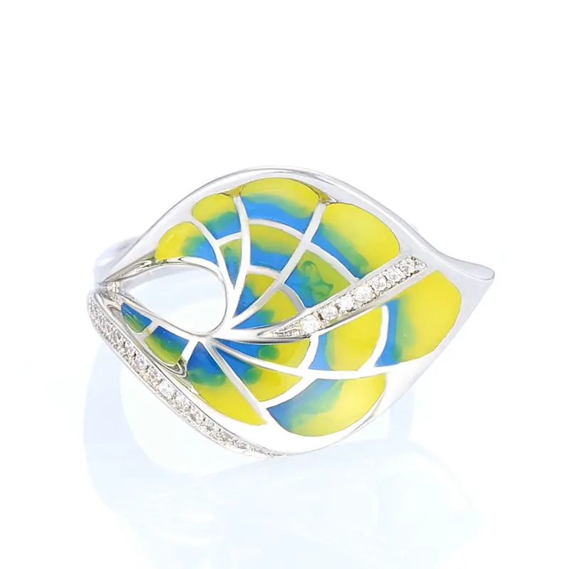 SANTUZZA кольца для женщин, красочное прозрачное кольцо с эмалью и зеленым листом, кольцо с белым кубическим цирконием, вечерние ювелирные изделия ручной работы