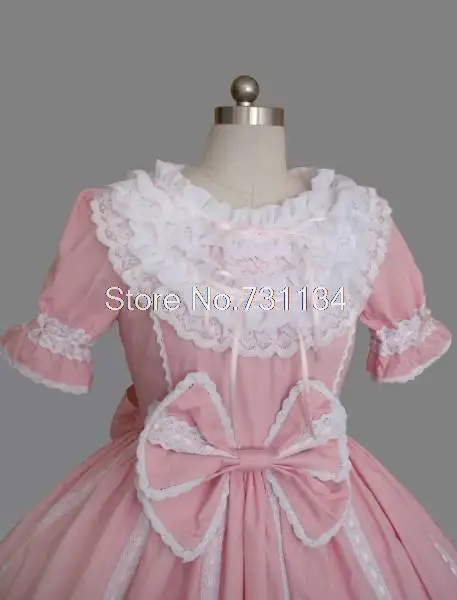 Милое розовое кружевное платье в стиле Лолиты с круглым воротником и короткими рукавами-буфами