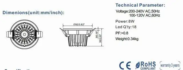 " 8 Вт Крытый smd высокой мощности светодио дный светильники AC110/220 В triac затемнения светодио дный кабинет яркость лампы регулируемый CE& ROHS 50 шт./лот