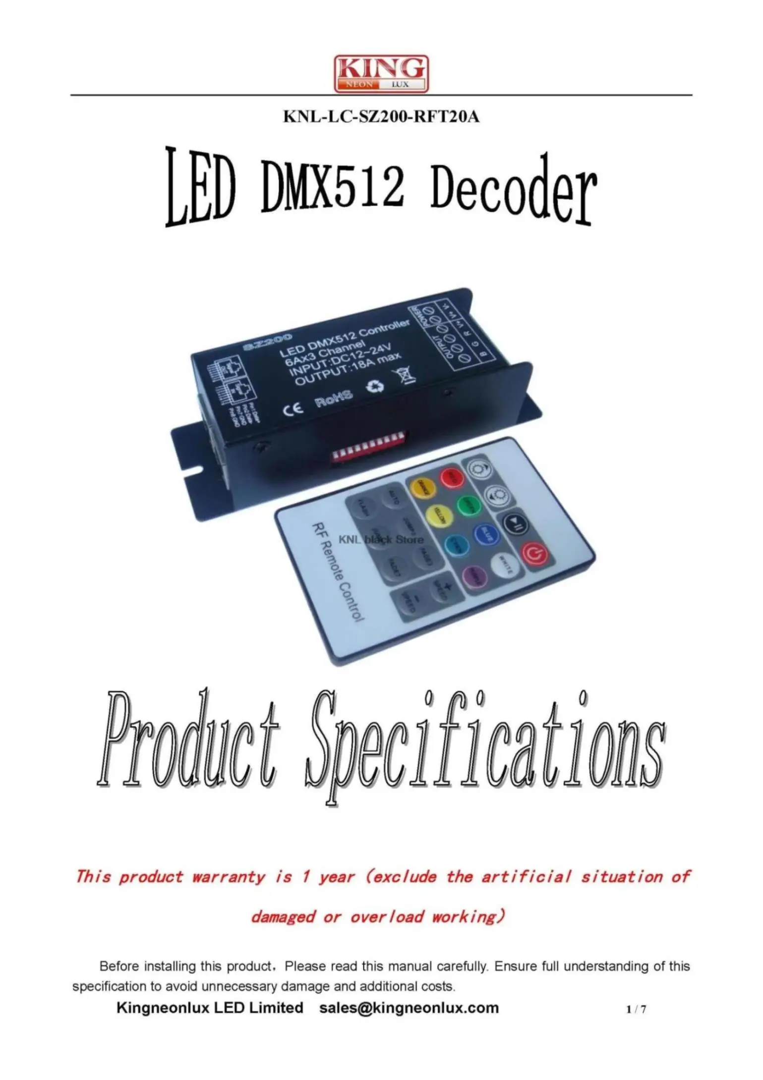 RGB Led DMX512 декодер с 20key RF пульт дистанционного управления, DC12-24V 6A* 3 канала