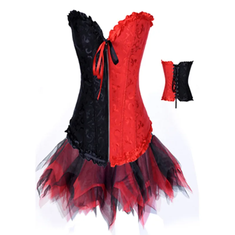Lace Black And Red Corset Two Toned Harley Quinn Floral Jester Overbust