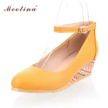 Meotina Größe 34-43 Tropfen-verschiffen Frauen Schuhe Süße Keile Heels Knöchelriemen Pumps Damen Schuhe Weiß Apricot Gelb Größe 9 10