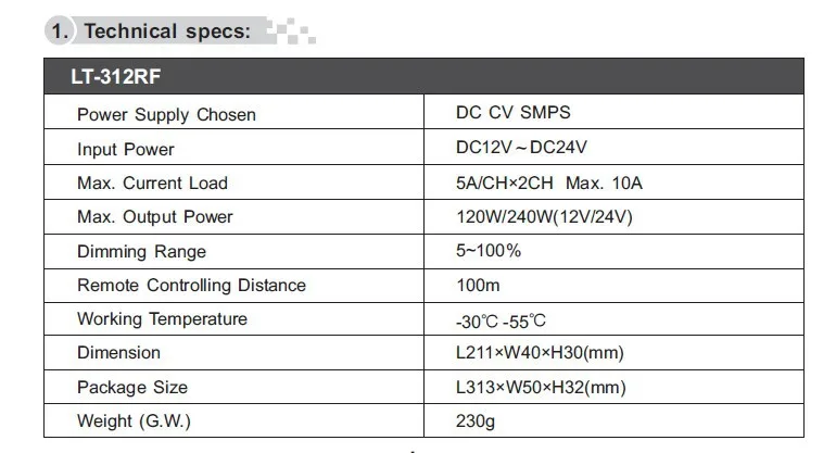 LT-312RF; Led РФ два канала диммер; отрегулировать led'scolor температура и яркость; 5A* 2 выходной канал