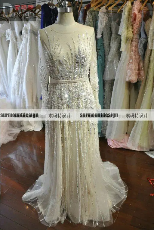 Surmount Real Sample Zuhair Murad Full Crystals SequinLong Sleeves Champange Full Luxious Deads Design Evening Dresses For Sale