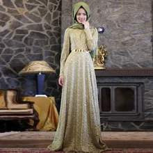 OMY057 Green Lace Muslim Evening Dresses Floor Length Full Sleeves Sash Long Evening Gown Hijab A Line Vestido De Festa Elegant