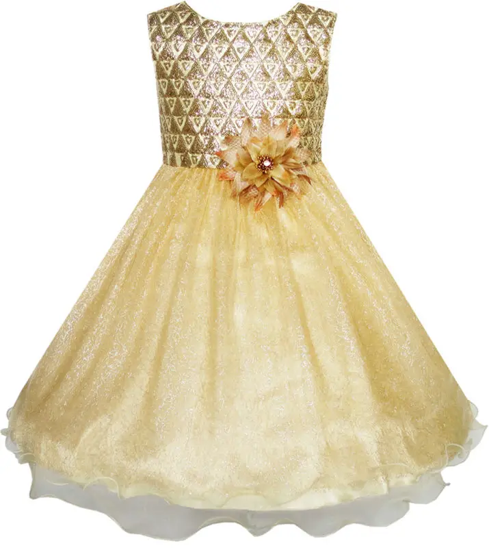 Gold Sunny Fashion платья для девочек Цветок Девушка Платье сверкающий Жемчуг Ремень Креветка Розовый Свадьба Подружка невесты - Цвет: Gold