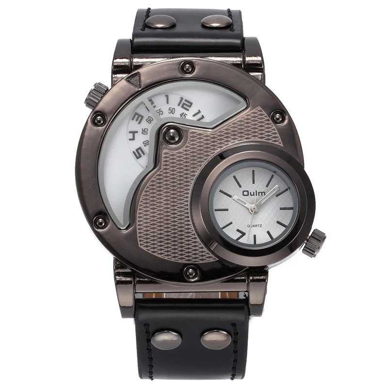 

OULM 9591BLK Brand Multifunction Leather Watches Men Vintage Military Large Dial Trick Watch Relogio Masculino Montres Homme