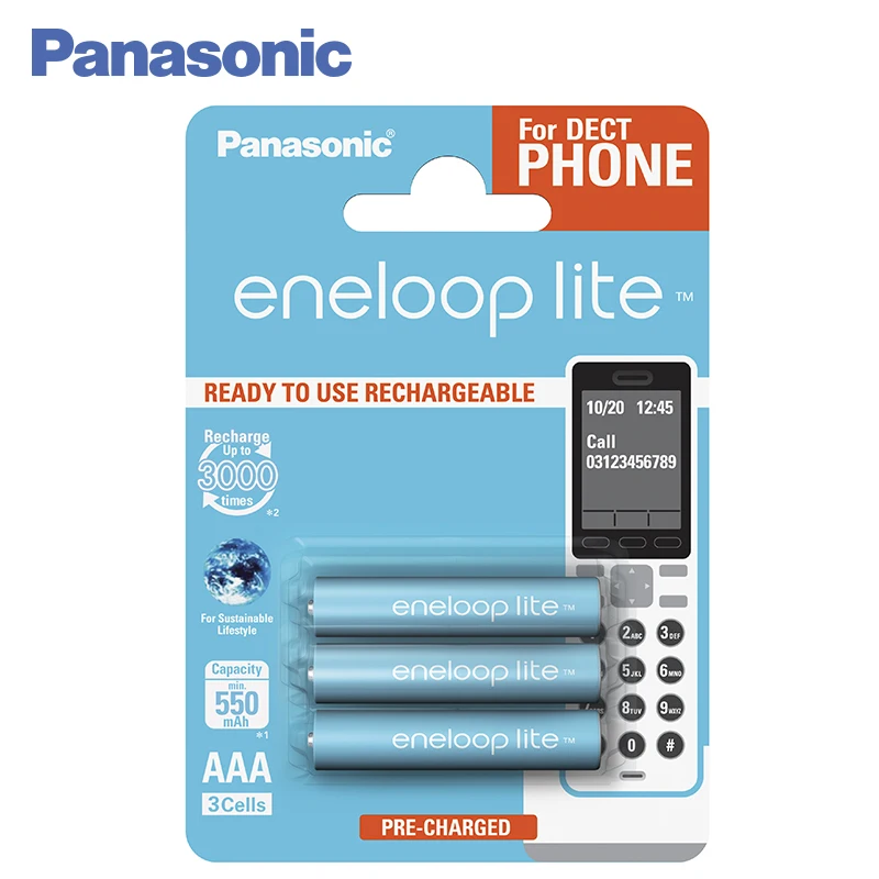 Panasonic BK-4LCCE/3DE Аккумуляторы eneloop lite 550 мАч AAA DECT BL3. Оптимальное сочетание высокой емкости и большого количества циклов заряд / разряд – до 3 000 раз. Сохраняют до 70% энергии после 10 лет хранения