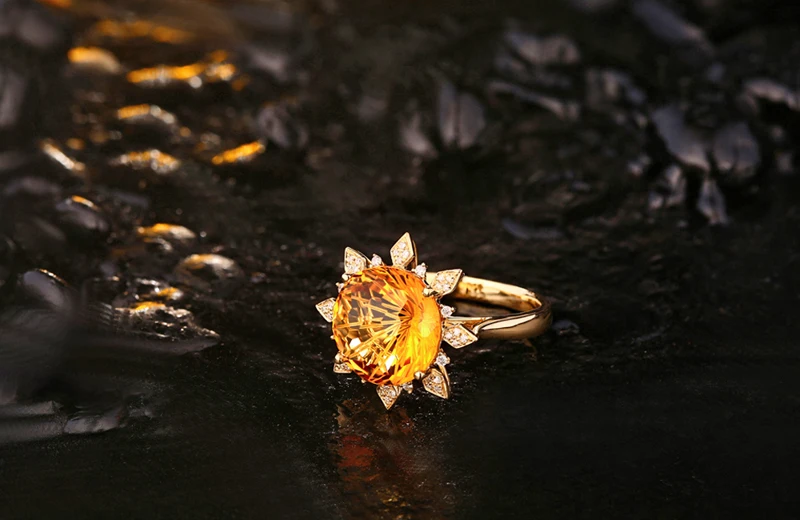 Обручальное кольцо в форме солнца, цитрин, 12 мм, Круглый, 7.05ct, цитрин, 14 K, желтое золото