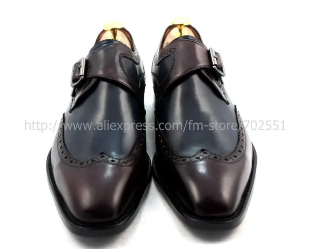 Free shipping custom handmade pure genuine calf leather men's monk straps No.MS33 adhesive craft