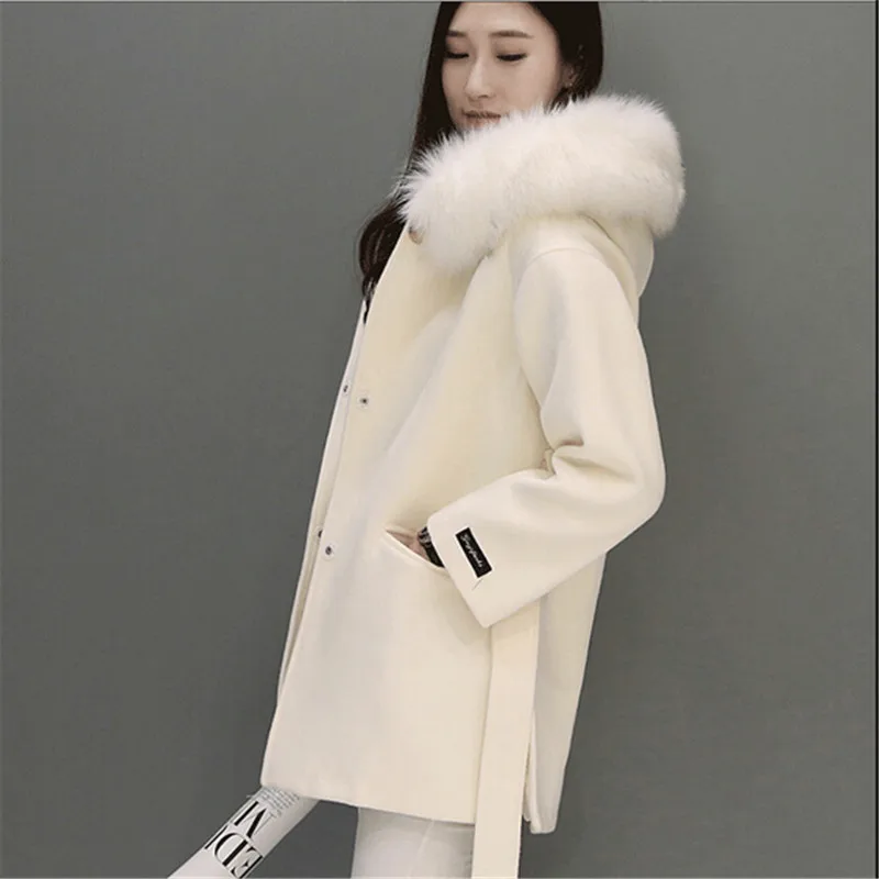 High quality Wool Coat Women Cashmere coat Mew style MAO collar Hooded Nine points sleeve White Autumn Winter Wool Coat BN1244