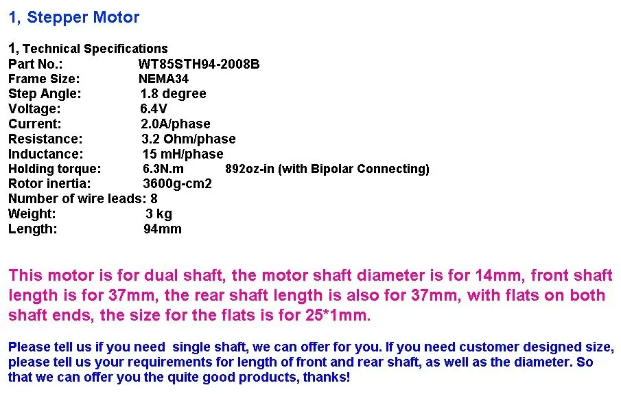 High Quality Nema 34 Stepper Motor 892oz-in,2.0A, 8 Leading-wire CNC Kit fast shipping from Wantaimotor