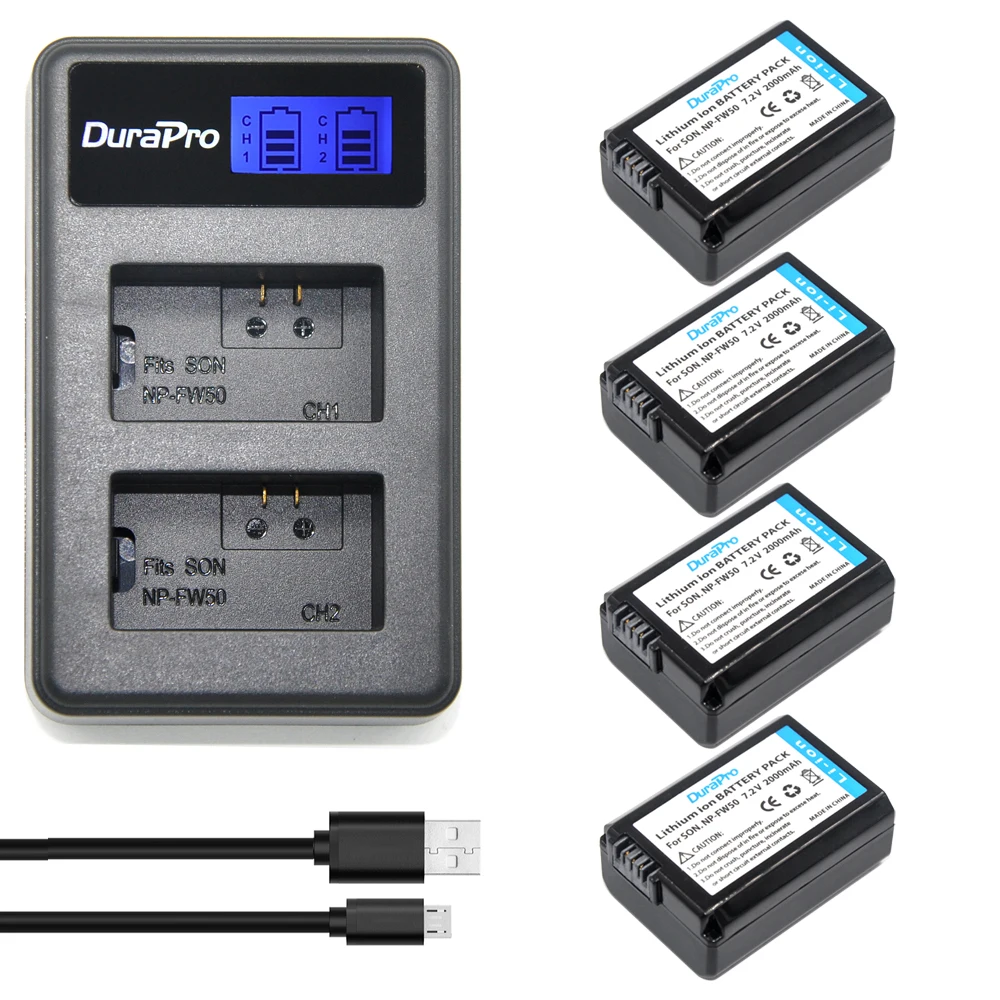 

4x 2000mAh NP-FW50 NPFW50 NP FW50 BatteryAKKU&LCD USB Dual Charger For Sony Alpha a6500 a6300 a7 7R a7R a7R II a7II NEX-3 NEX-5T