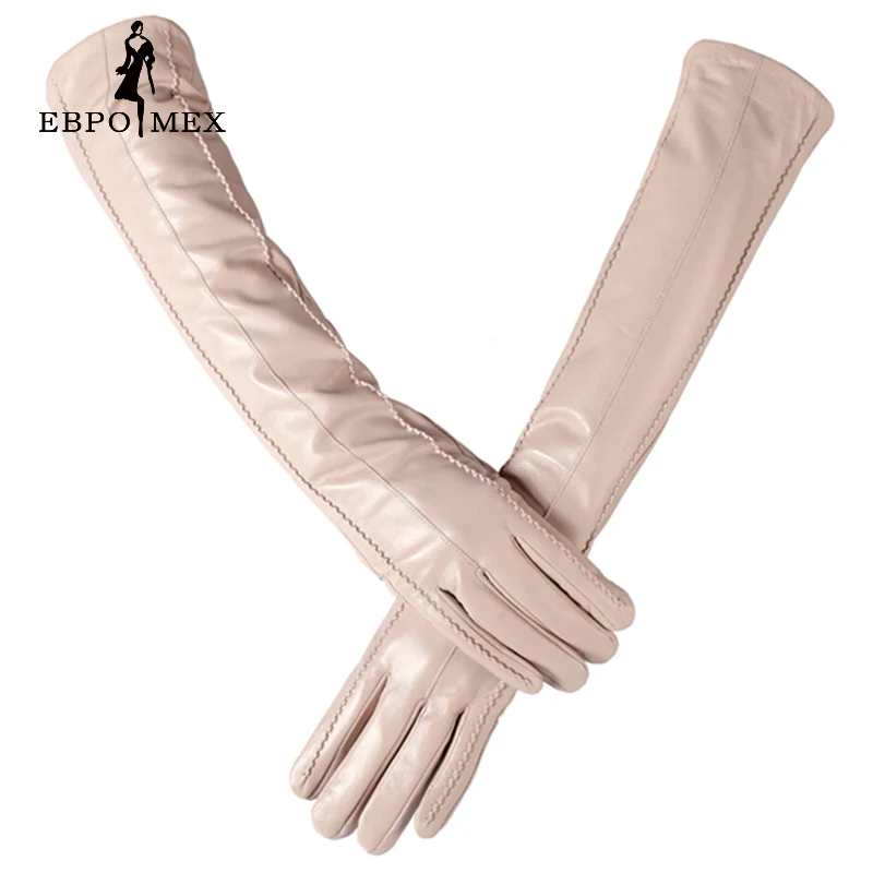 fashion female leather gloves s,Genuine Leather,Cotton,Adult,Black,Length 45-48CM, Spandex, leather gloves - Цвет: Beige